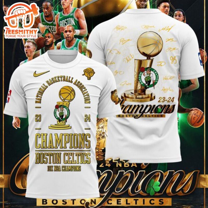 2023 2024 Champions National Basketball Association Boston Celtics 18X NBA 3D T Shirt White