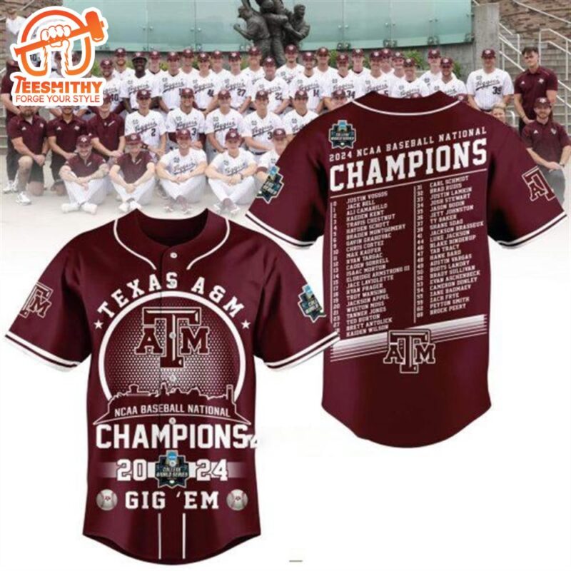 2024 NCAA Baseball National Champions Texas AM Gig Em Baseball Jersey