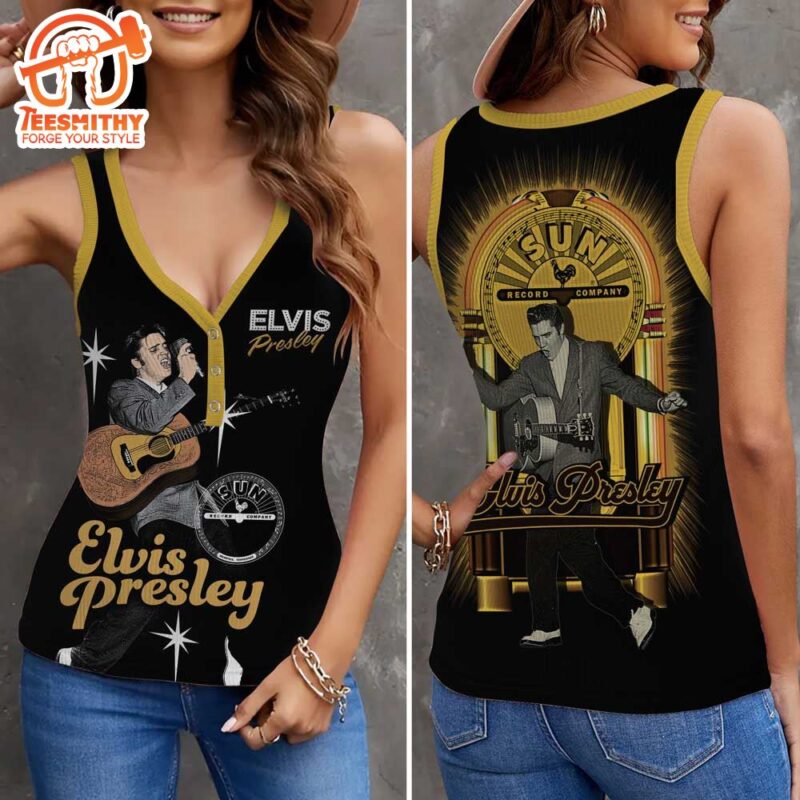 Elvis Playing Guitar Women V Neck Ribbed Tank Top