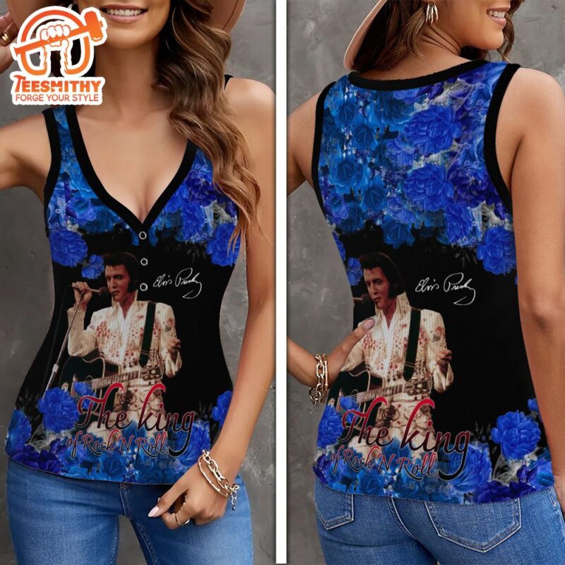 Elvis Presley Rock And Roll Women V Neck Ribbed Tank Top