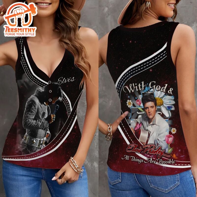 Elvis Presley With God Women V Neck Ribbed Tank Top