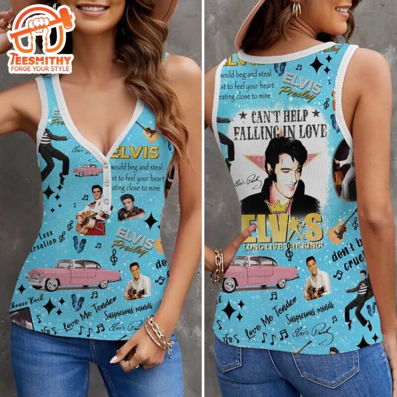 Elvis Presley Women V Neck Ribbed Tank Top Retro Elvis Presley