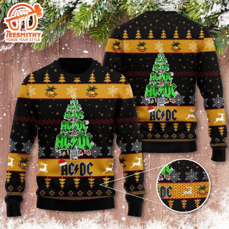 ACDC Angus Young Snowflake And Lightning Pattern For Holiday Ugly Christmas Sweater