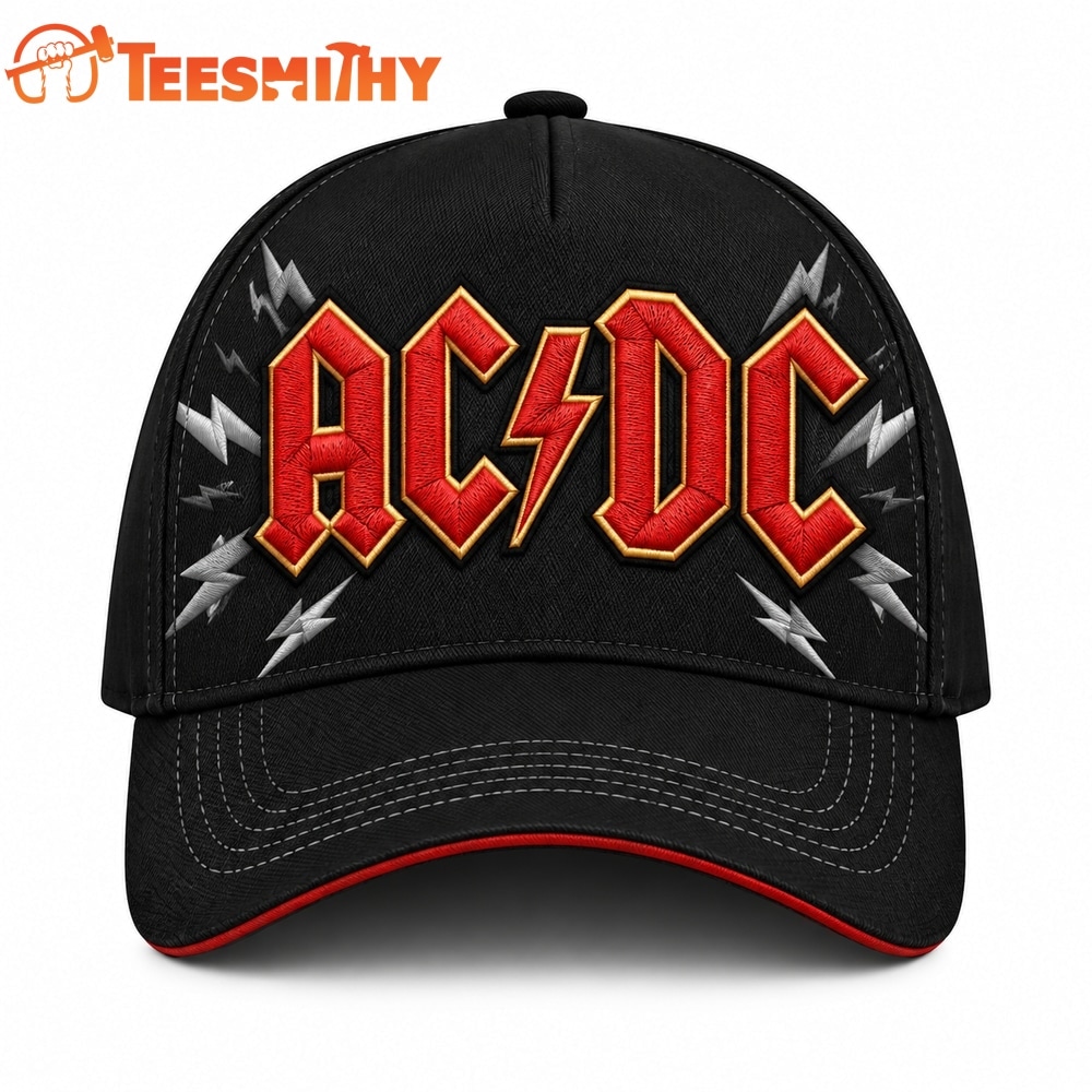 ACDC Embroidered Style Red Logo Silver Lightning Classic Baseball Cap