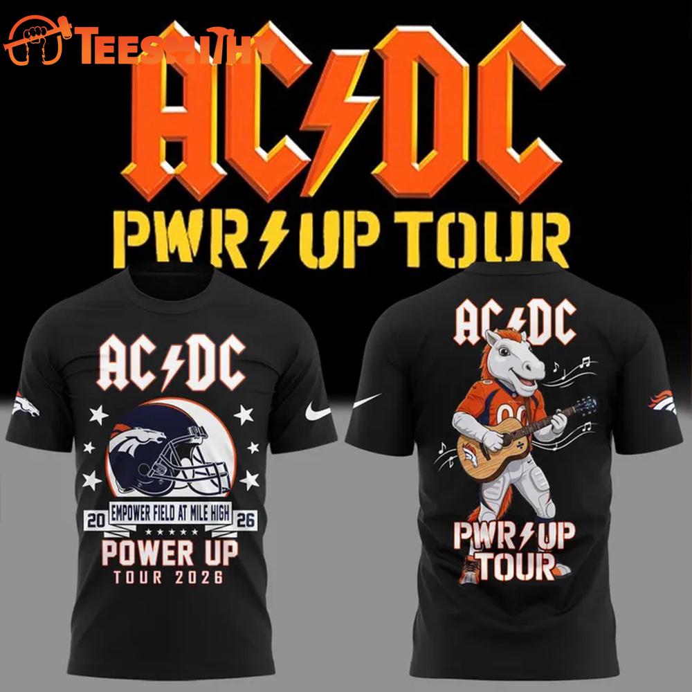 ACDC x Denver Broncos Power Up Tour 2026 Football Mascot Design Black T Shirt