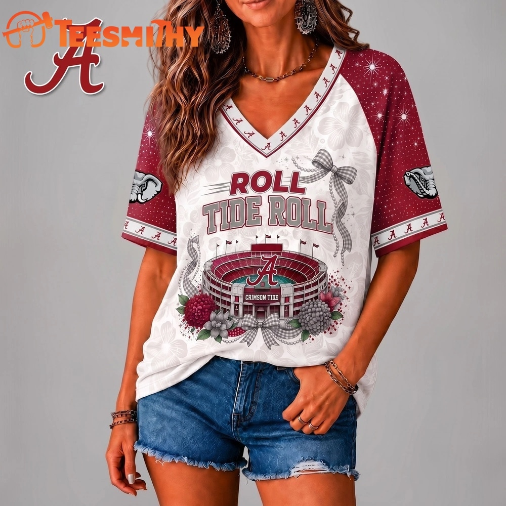 Alabama Crimson Tide NCAA Floral Stadium Bow V Neck 3D T Shirt