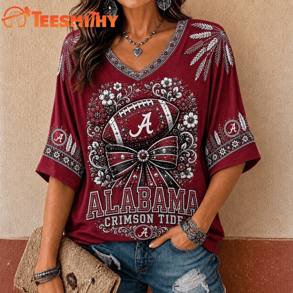 Alabama Crimson Tide NCAA Vintage Floral Bow V Neck T Shirt