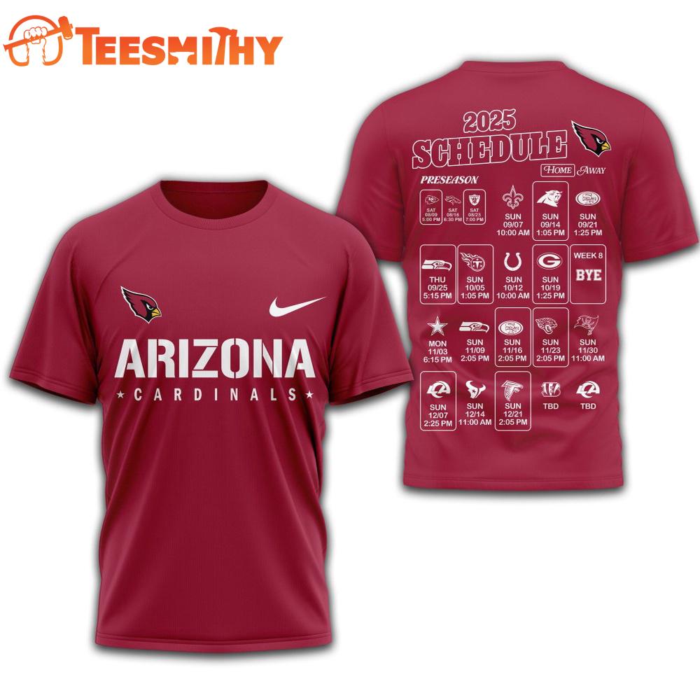 Arizona Cardinals 2025 Football Schedule Unisex 3D Shirt Arizona Cardinals 2025 Football Schedule Unisex 3D Shirt
