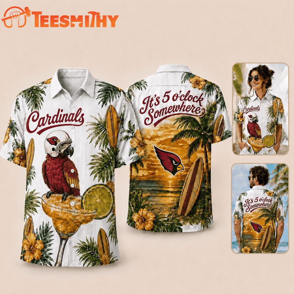 Arizona Cardinals NFL It's 5 O'clock Somewhere Button Up Tropical Parrot Hawaiian Shirt