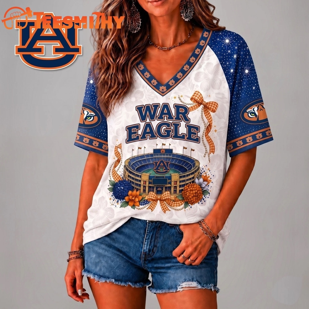 Auburn Tigers NCAA Floral Stadium Bow V Neck 3D T Shirt