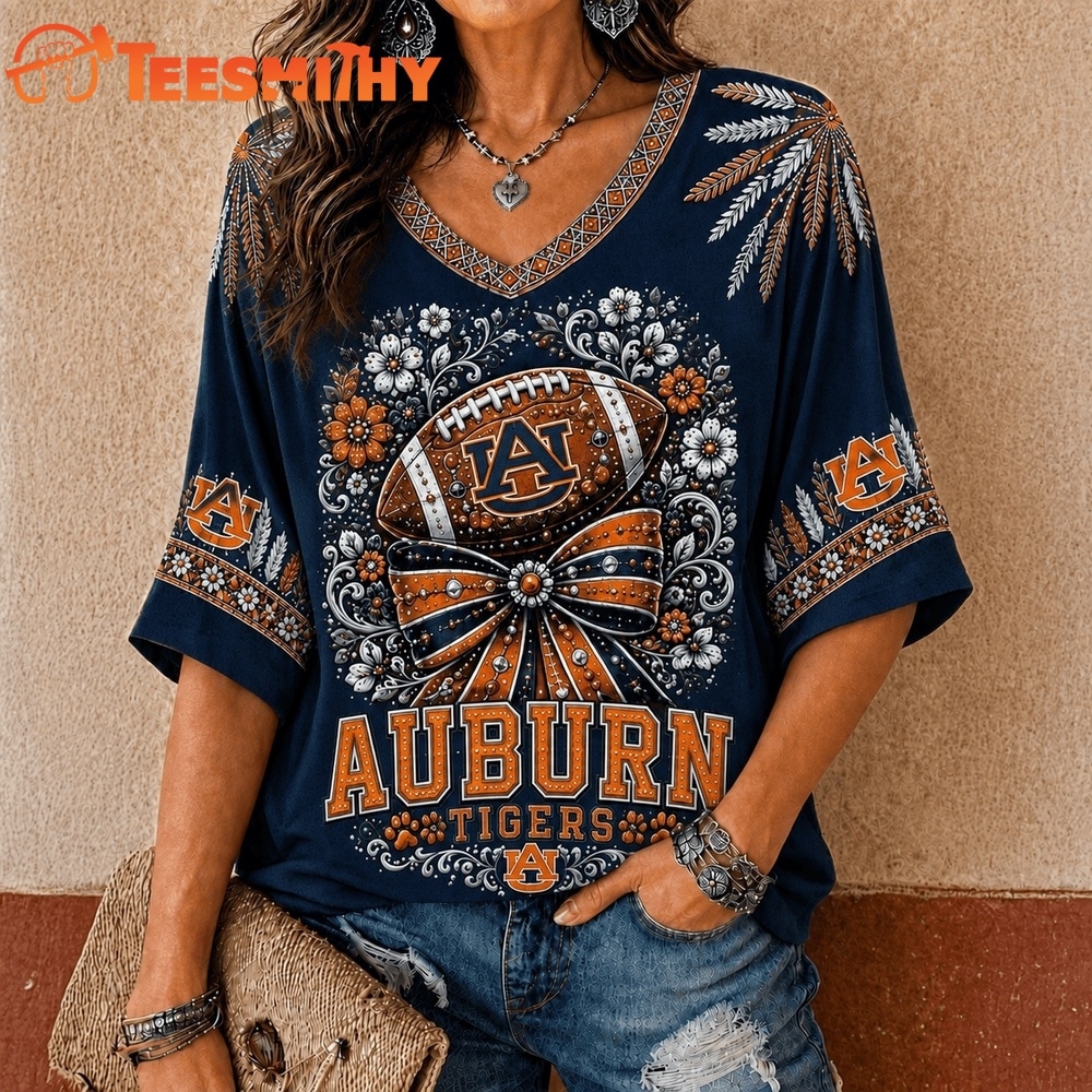 Auburn Tigers NCAA Vintage Floral Bow V Neck T Shirt