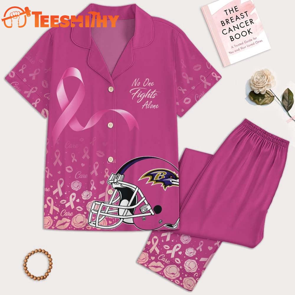 Baltimore Ravens 2025 NFL Breast Cancer October Short Sleeve Satin Pajama Set