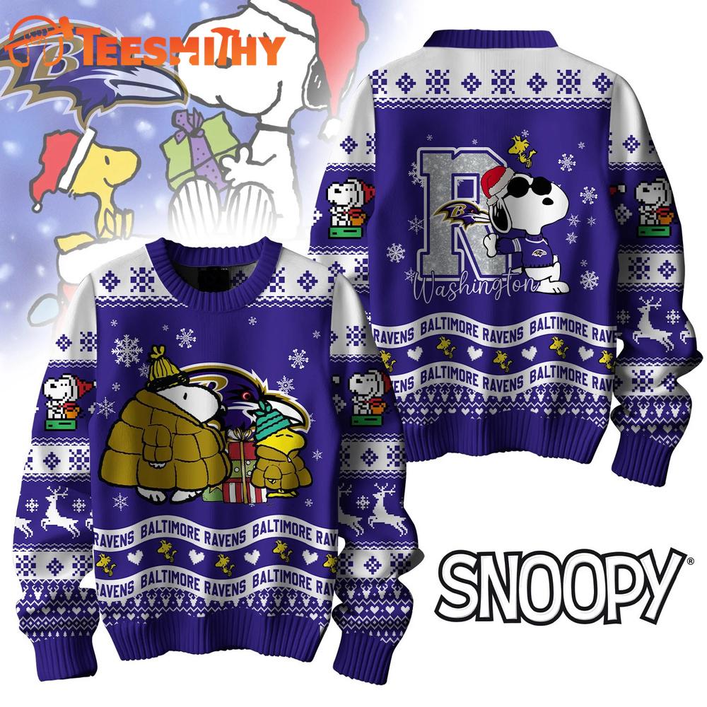 Baltimore Ravens 2025 NFL Peanuts Snoopy Funny Christmas Ugly Sweater