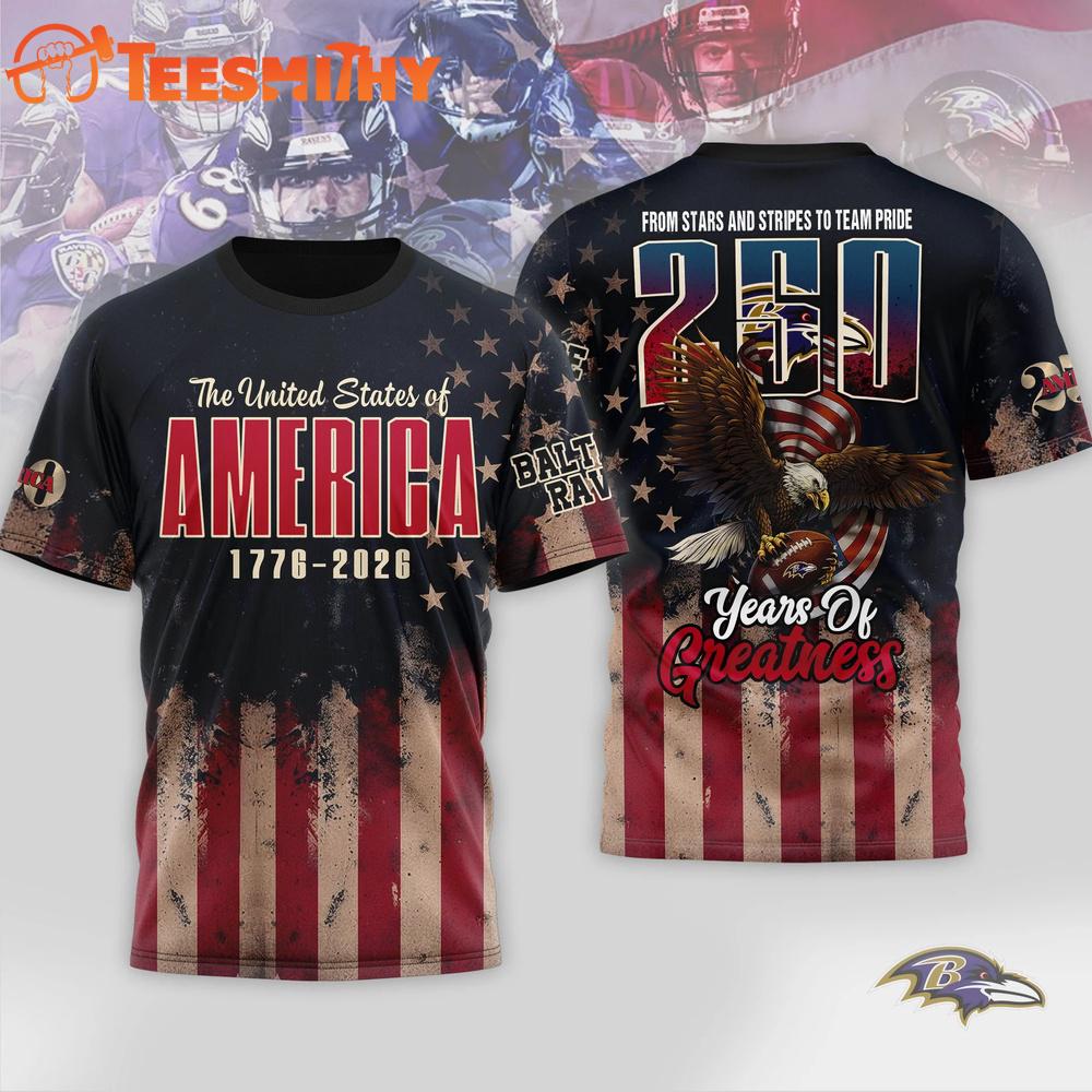Baltimore Ravens 2026 NFL 250th Anniversary Of America 3D Shirt
