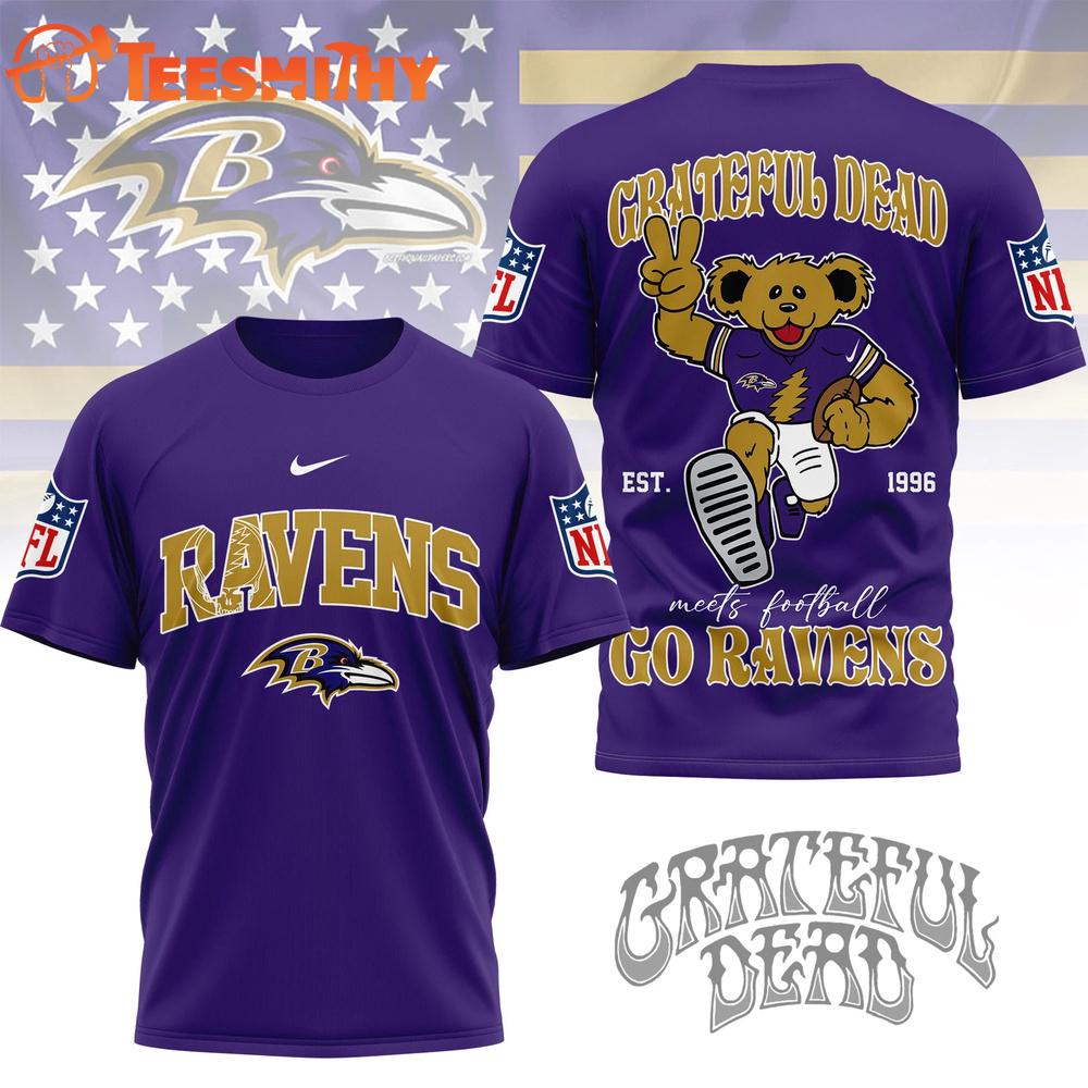 Baltimore Ravens 2026 NFL Grateful Dead Retro Bear 3D T Shirt