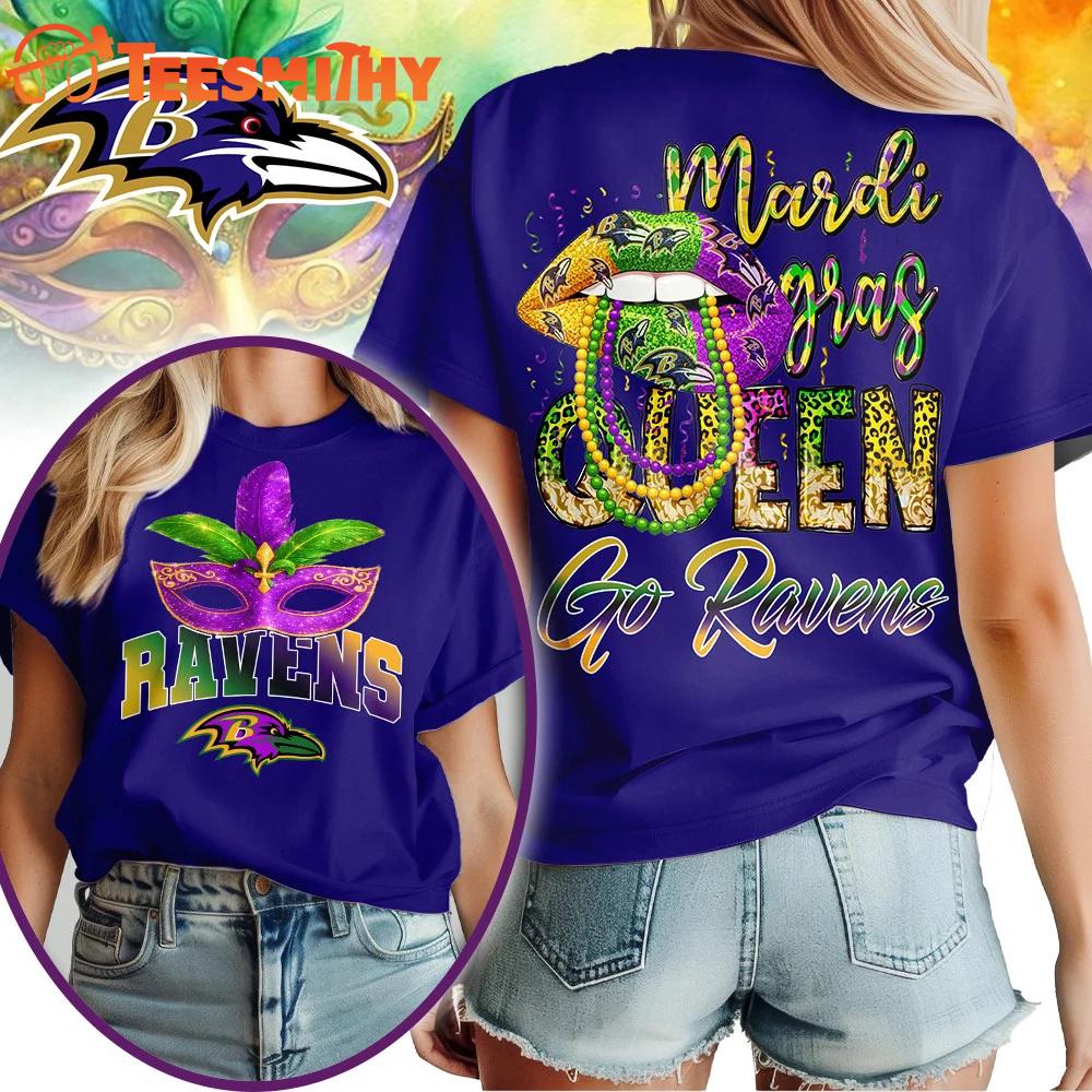 Baltimore Ravens 2026 NFL Mardi Gras Queen Unisex All Over Print Shirt