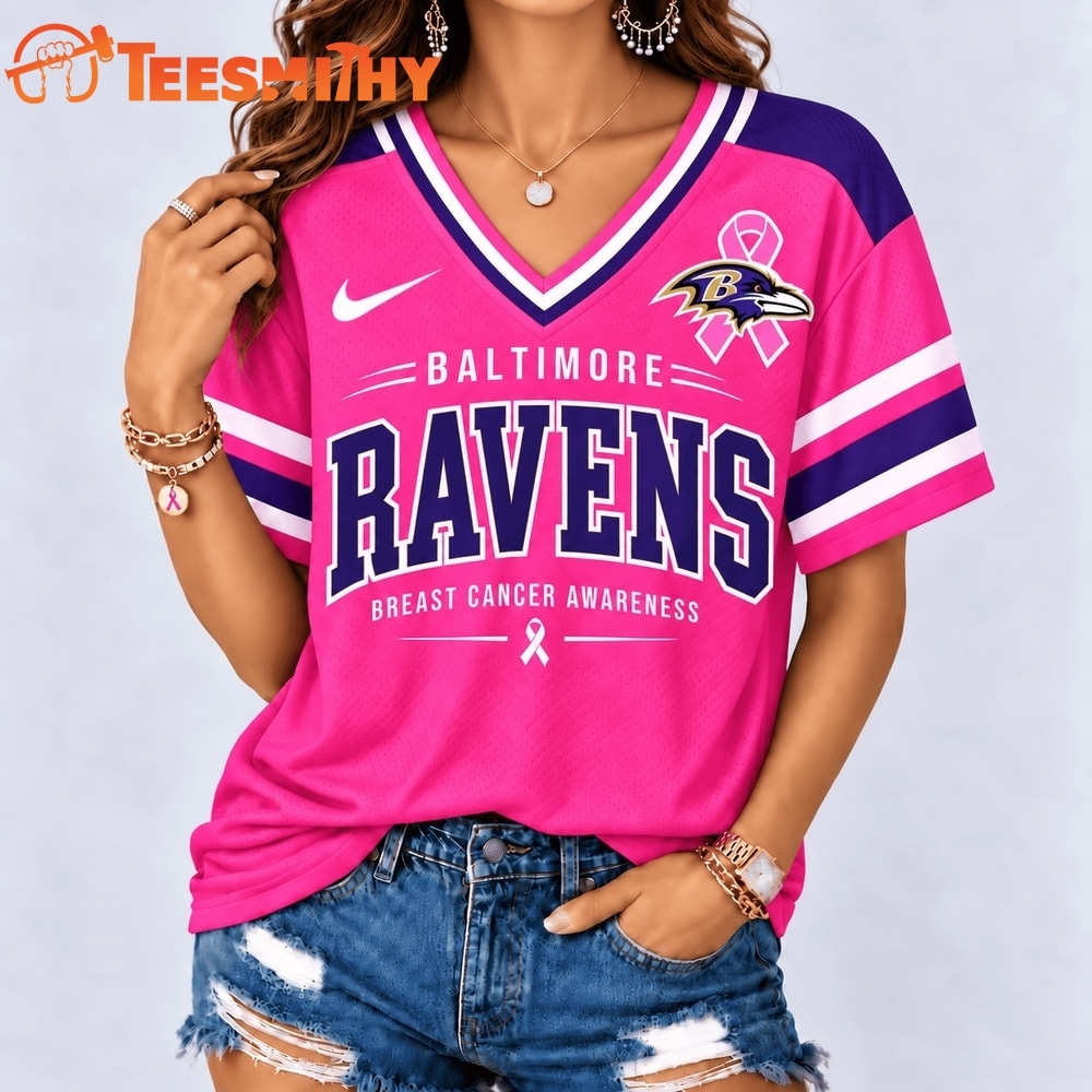 Baltimore Ravens 2026 NFL Pink Breast Cancer Awareness V neck T Shirt