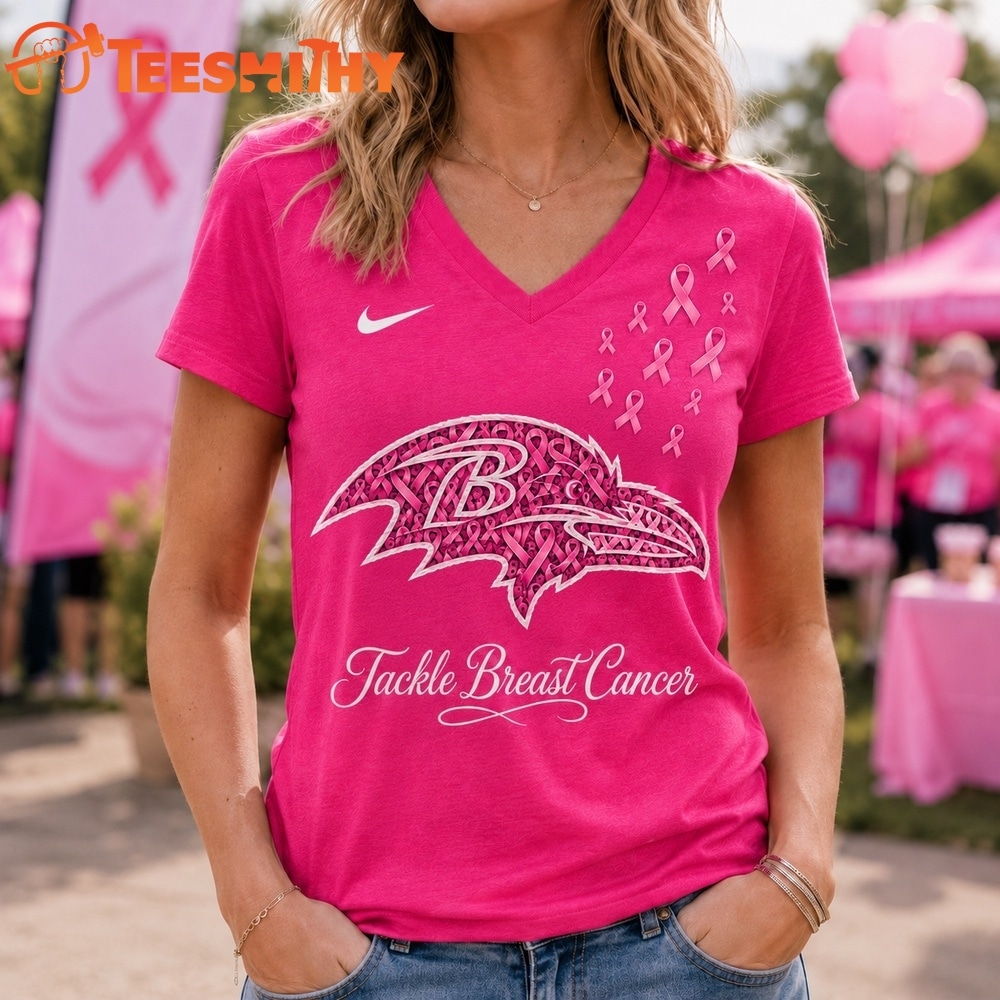 Baltimore Ravens 2026 NFL Tackle Breast Cancer V neck T Shirt