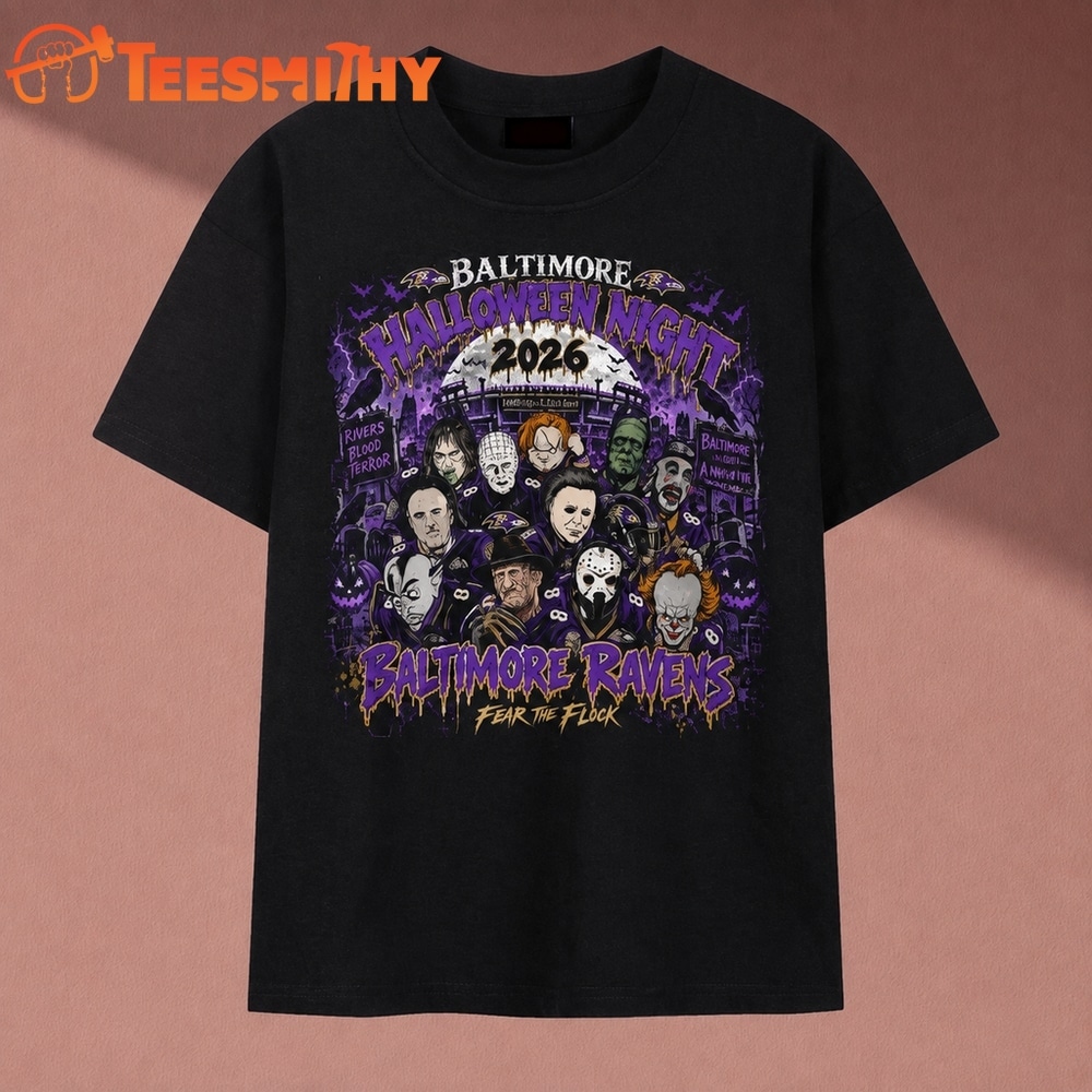 Baltimore Ravens Halloween Night 2026 Horror Characters Fear The Flock T Shirt