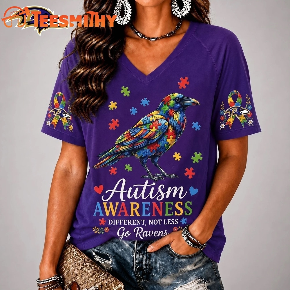 Baltimore Ravens NFL Different, Not Less Autism Awareness V neck T Shirt