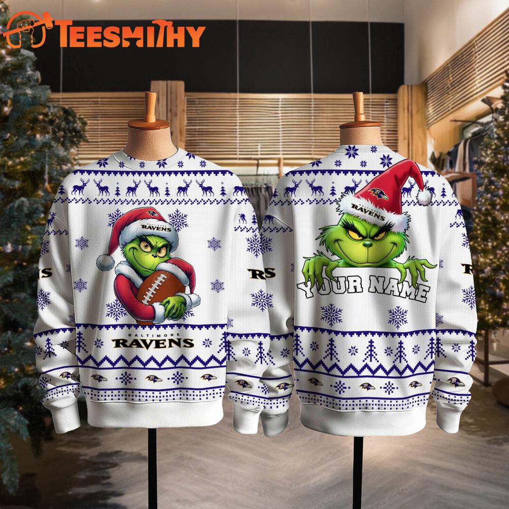 Baltimore Ravens NFL Grinch Santa Hats Ugly Christmas Sweater