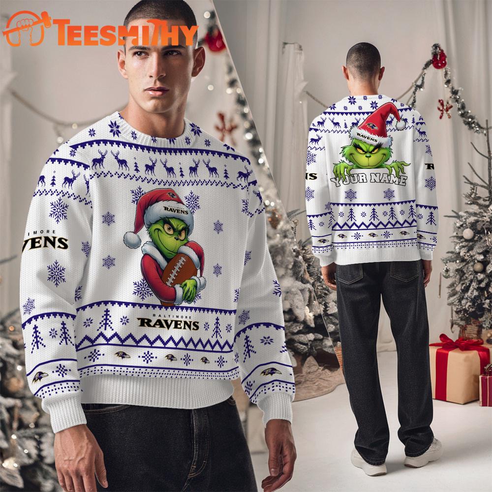 Baltimore Ravens NFL Grinch Santa Hats Ugly Christmas Sweater