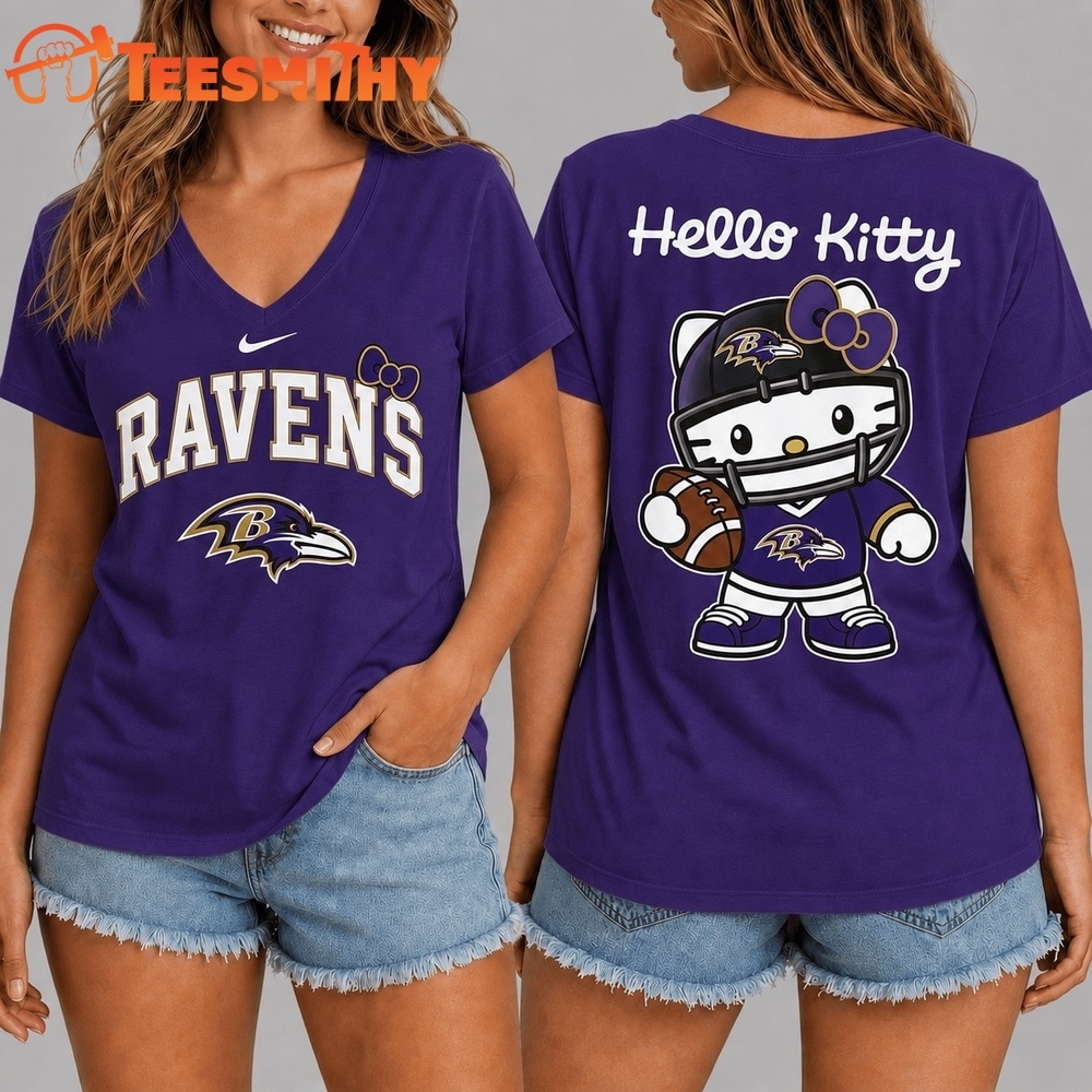 Baltimore Ravens NFL Hello Kitty Football V Neck T Shirt
