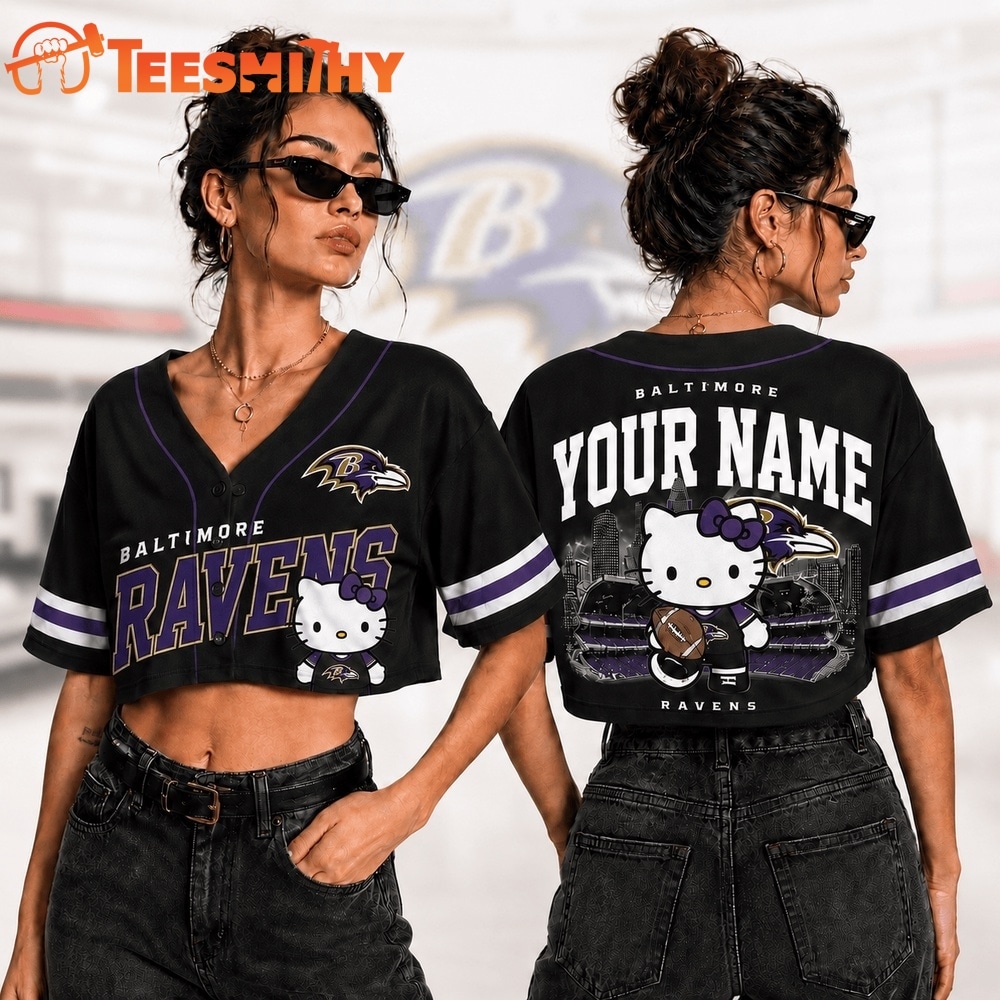 Baltimore Ravens NFL Hello Kitty Personalized Crop Top Baseball Jersey