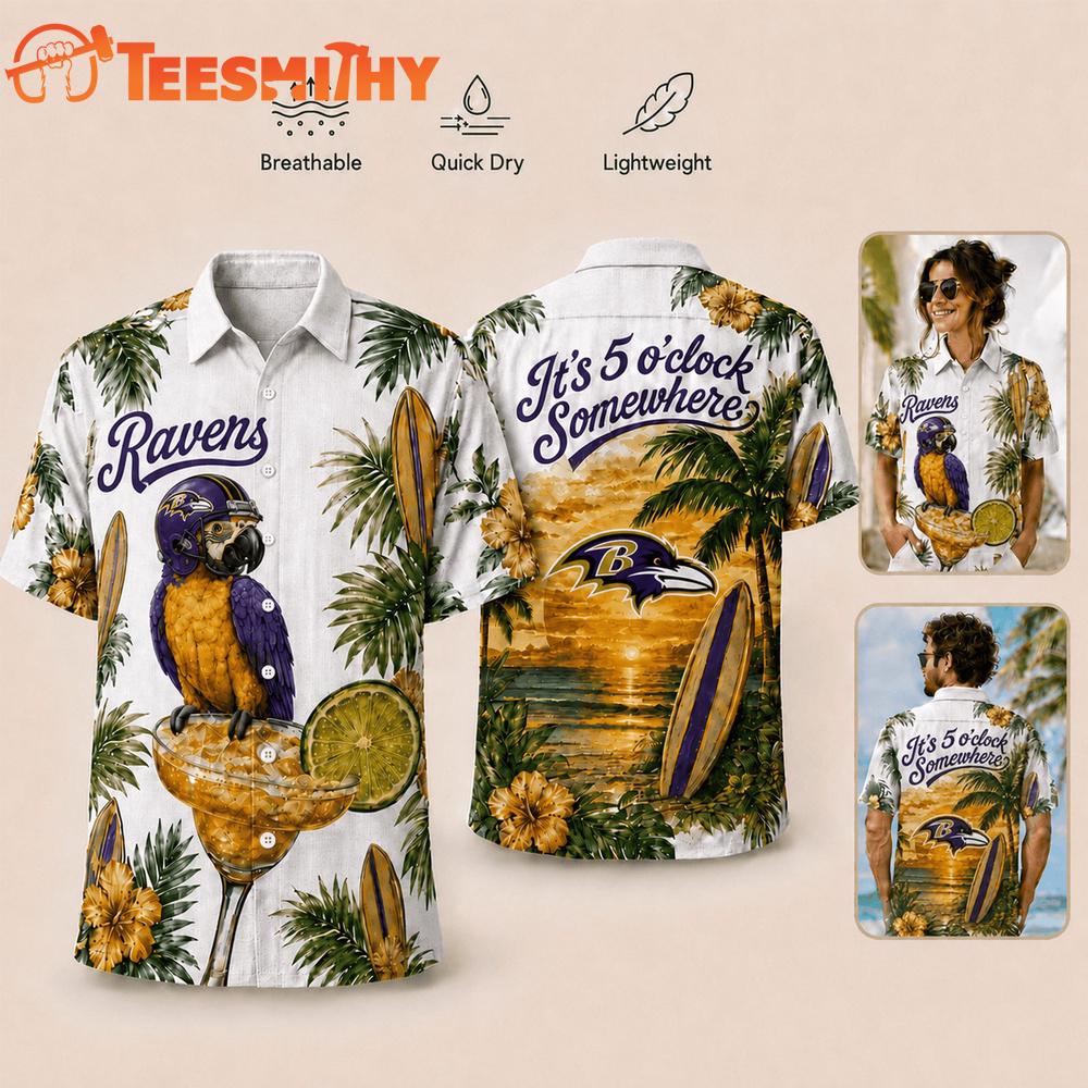 Baltimore Ravens NFL It's 5 O'clock Somewhere Button Up Tropical Parrot Hawaiian Shirt