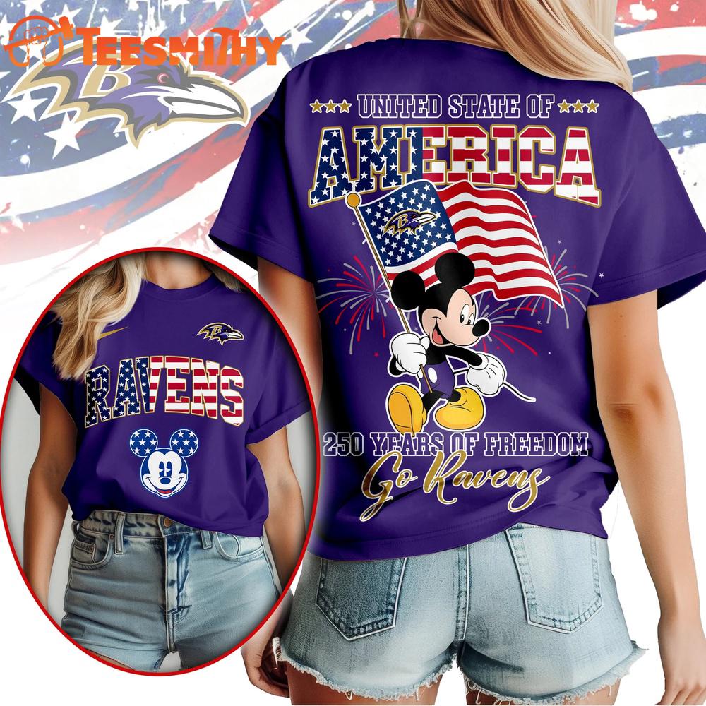 Baltimore Ravens NFL Mickey America Flag Freedom 250 Years 3D T Shirt