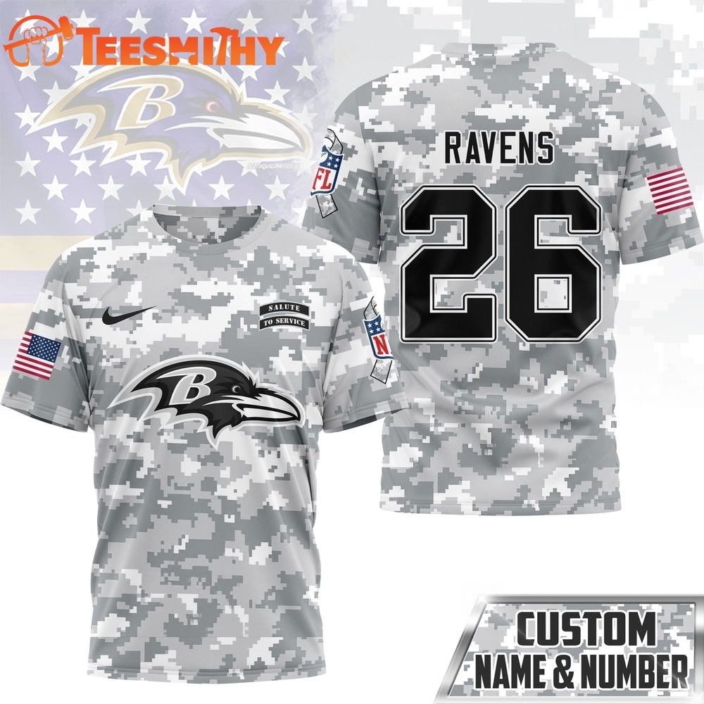 Baltimore Ravens NFL Salute to Service Custom Name & Number Camo 3D Shirt