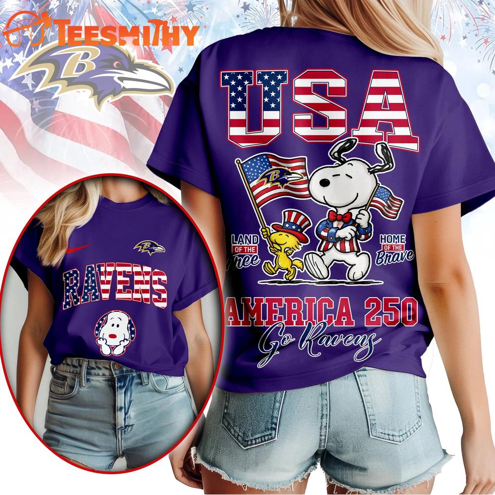 Baltimore Ravens NFL Snoopy America 250 Years Anniversary 3D T Shirt