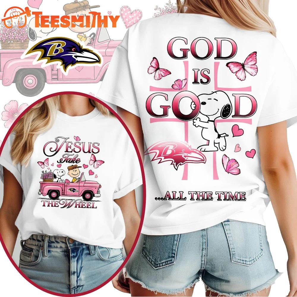 Baltimore Ravens NFL Snoopy Jesus Take The Wheel God Is Good 3D Shirt