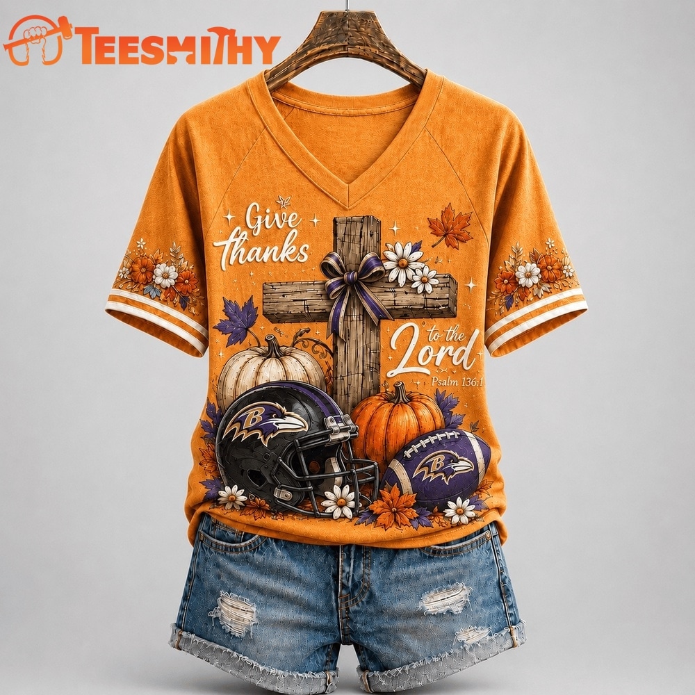 Baltimore Ravens NFL Thanksgiving Faith And Football V Neck T Shirt