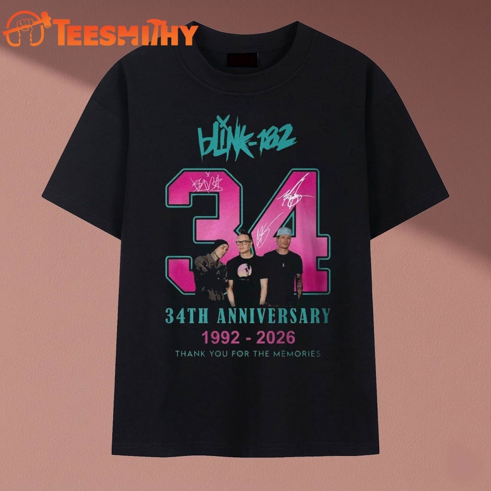 Blink 182 34th Anniversary 1992 2026 Band Signatures Pop Punk T Shirt