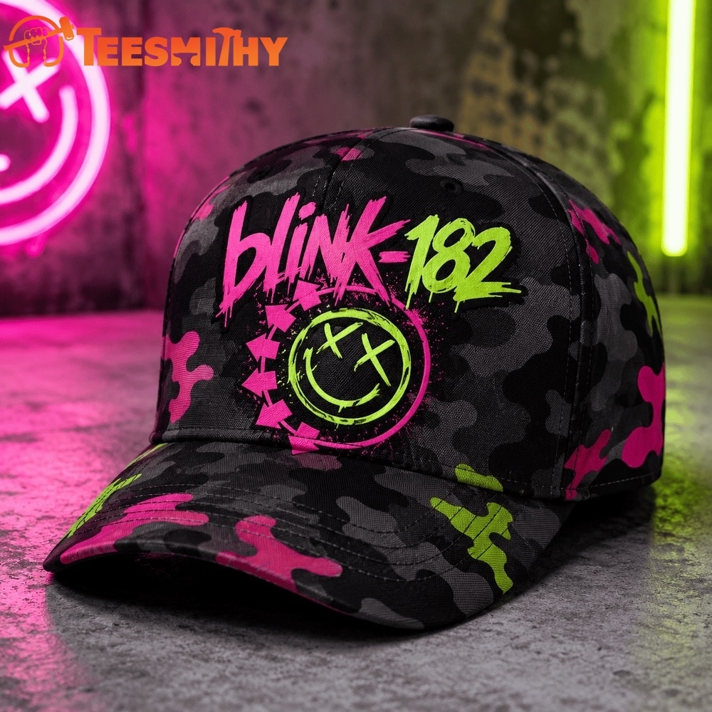Blink 182 Neon Chaos Smiley Camo Pop Punk Classic Cap