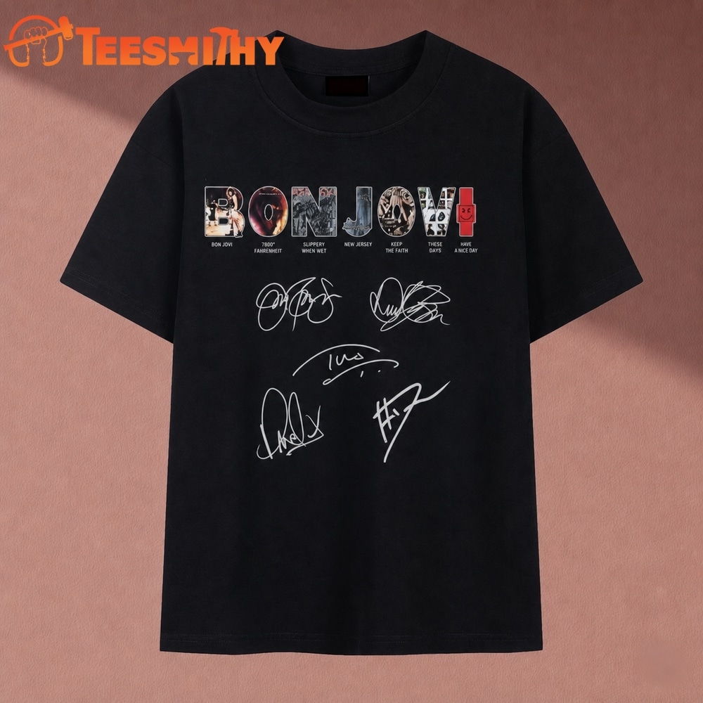 Bon Jovi Albums Logo Vintage Cast Signatures Rock Band T Shirt