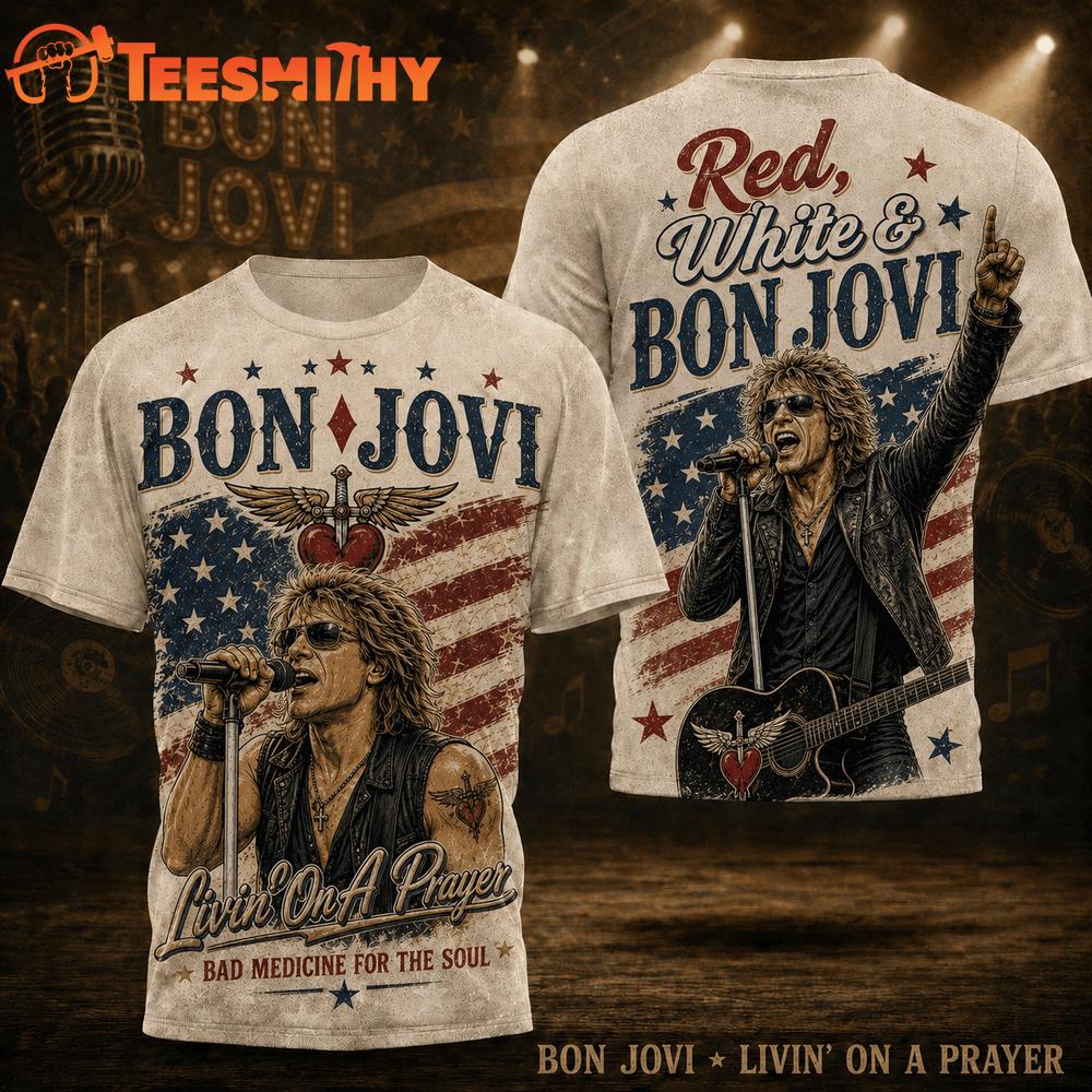 Bon Jovi Vintage Red White and America Star 3D Shirt