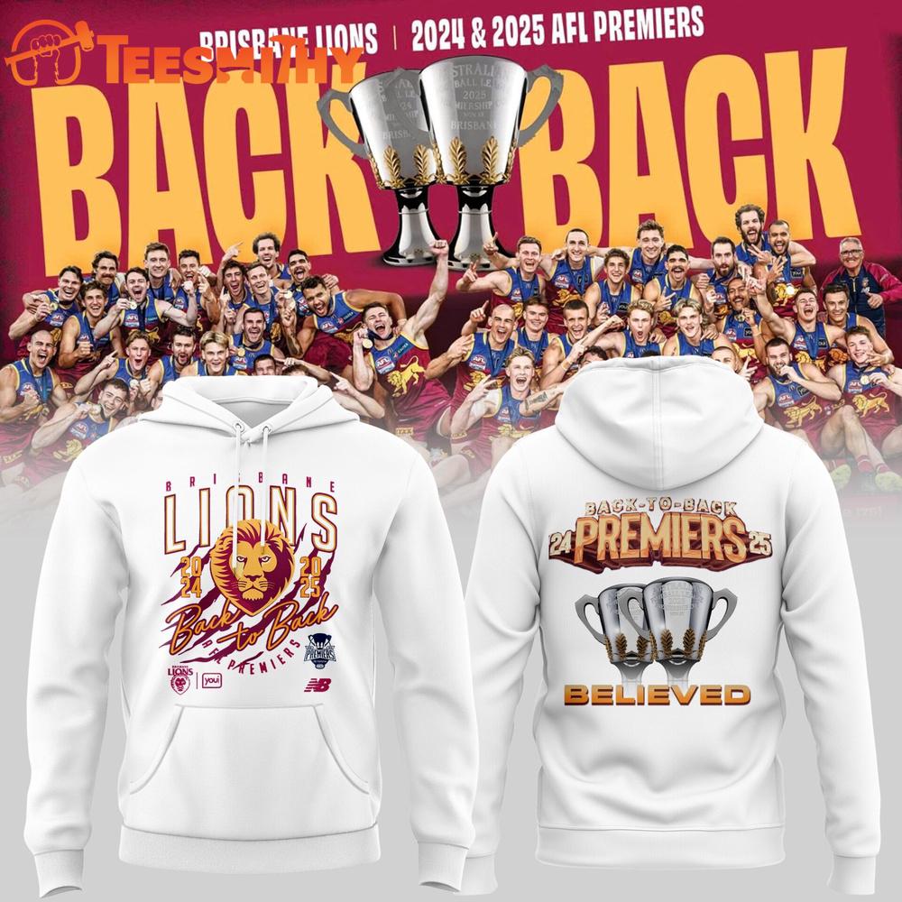 Brisbane Lions AFL 2025 Back-to-Back PREMIERS White Hoodie