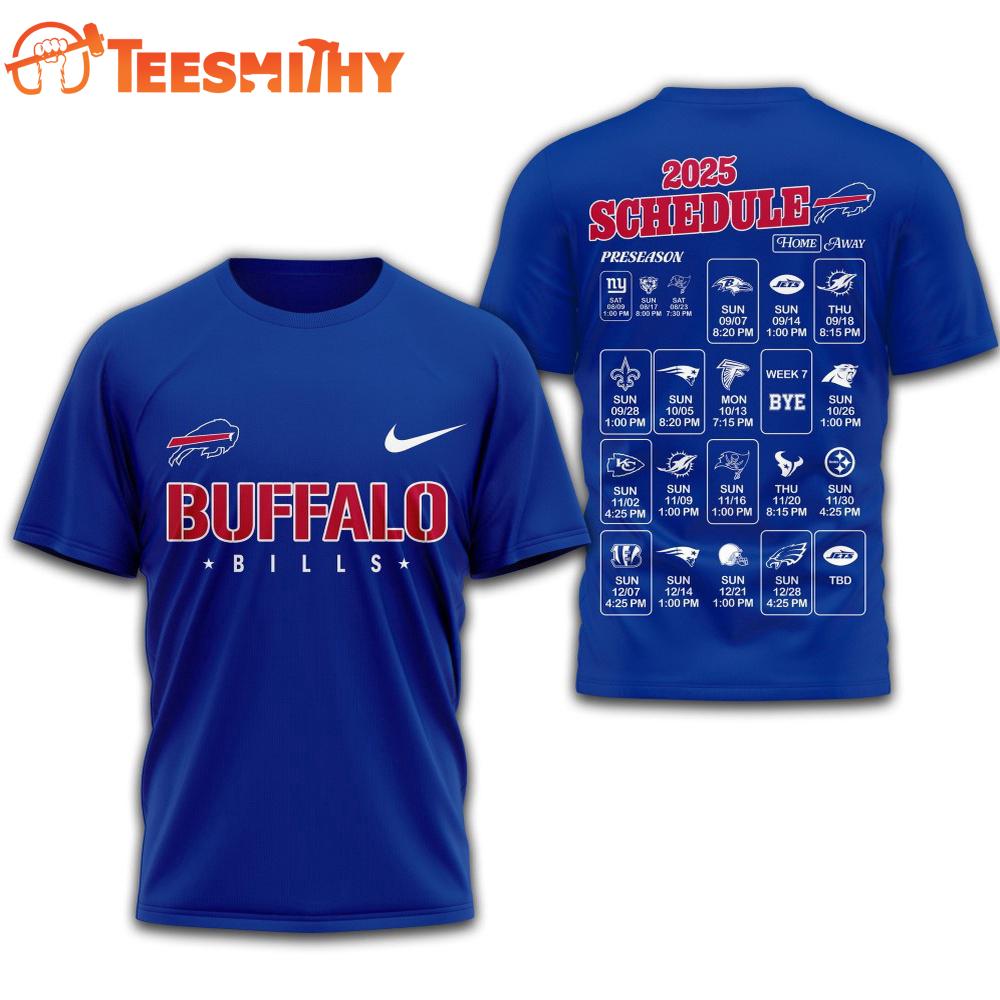 Buffalo Bills 2025 Football Schedule Unisex 3D Shirt Buffalo Bills 2025 Football Schedule Unisex 3D Shirt