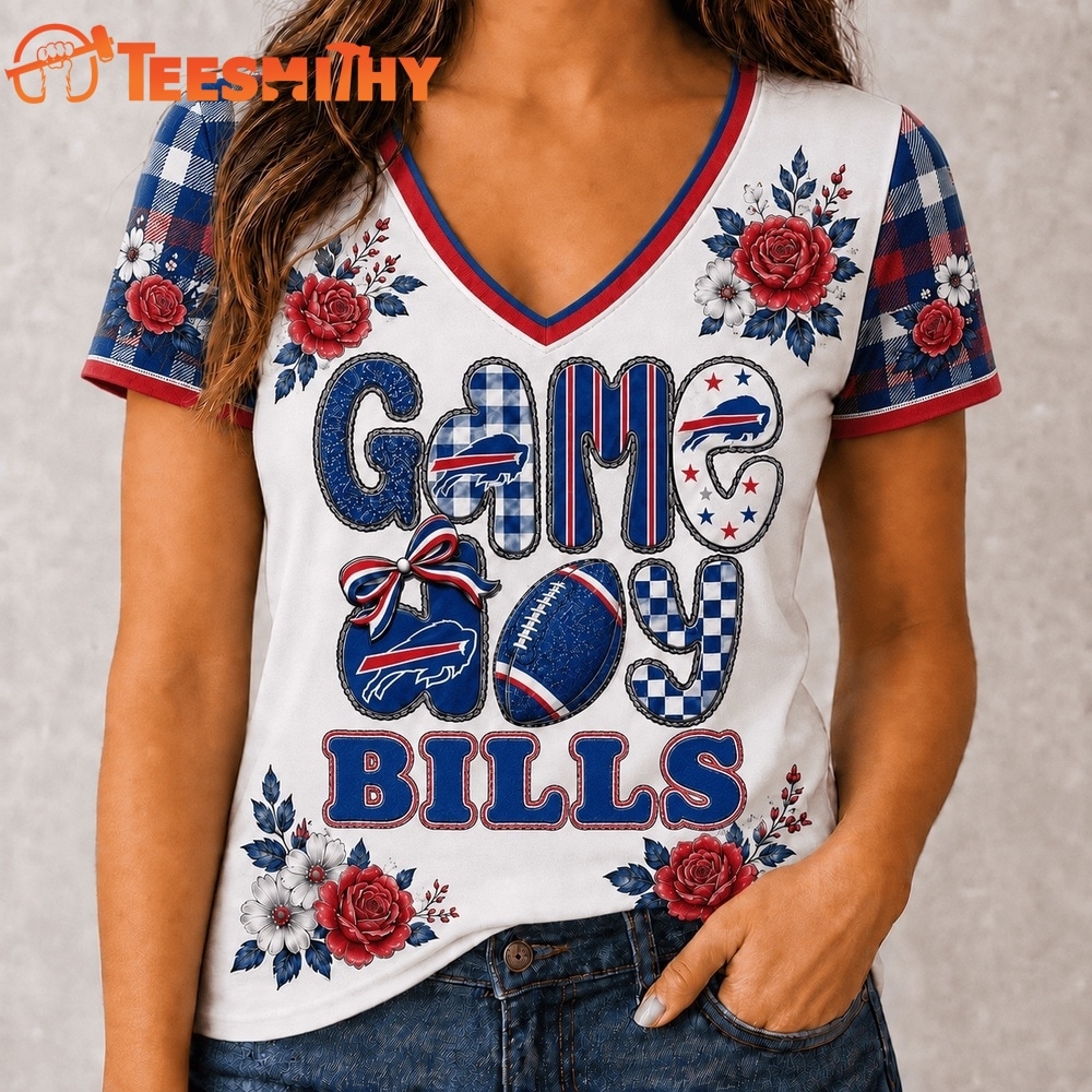 Buffalo Bills NFL Football Flowers Team Pride V Neck T Shirt