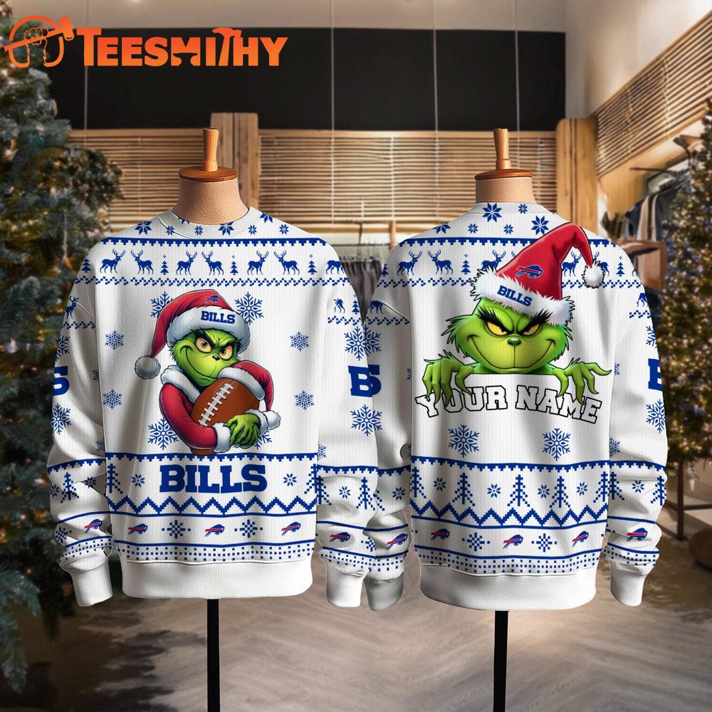 Buffalo Bills NFL Grinch Santa Hats Ugly Christmas Sweater