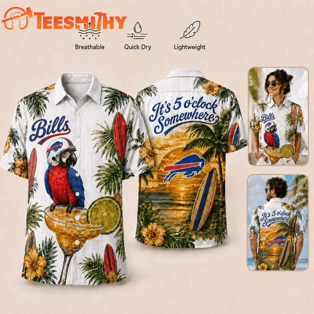 Buffalo Bills NFL It's 5 O'clock Somewhere Button Up Tropical Parrot Hawaiian Shirt