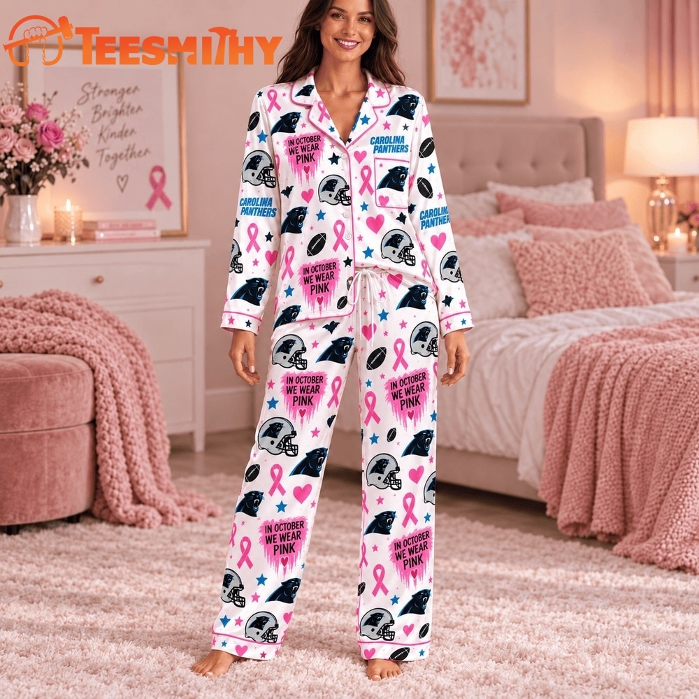 Carolina Panthers NFL Breast Cancer Pink Ribbon Long Sleeve Pajamas Set