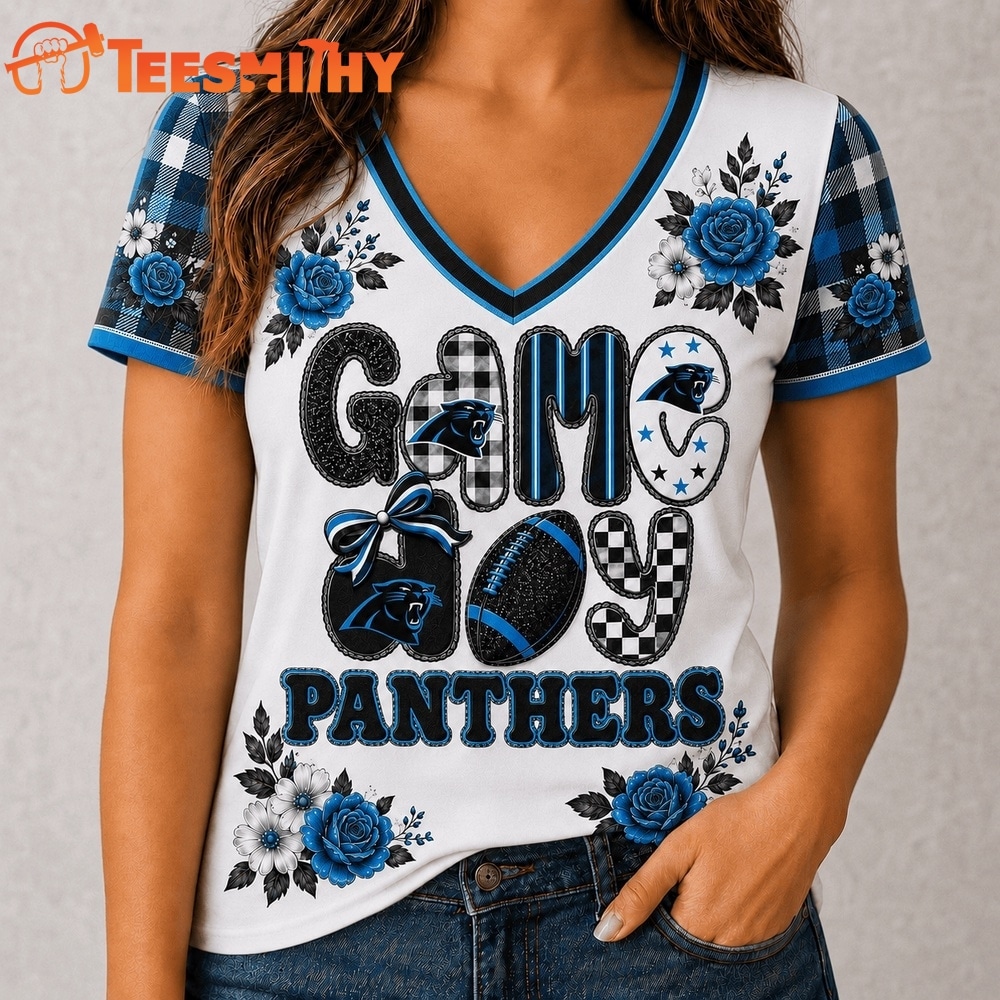 Carolina Panthers NFL Football Flowers Team Pride V Neck T Shirt