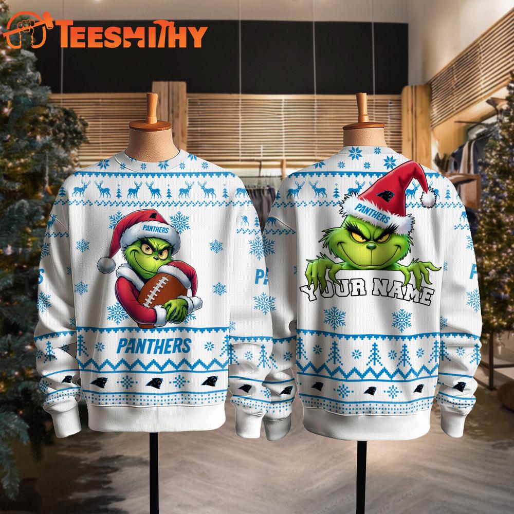 Carolina Panthers NFL Grinch Santa Hats Ugly Christmas Sweater