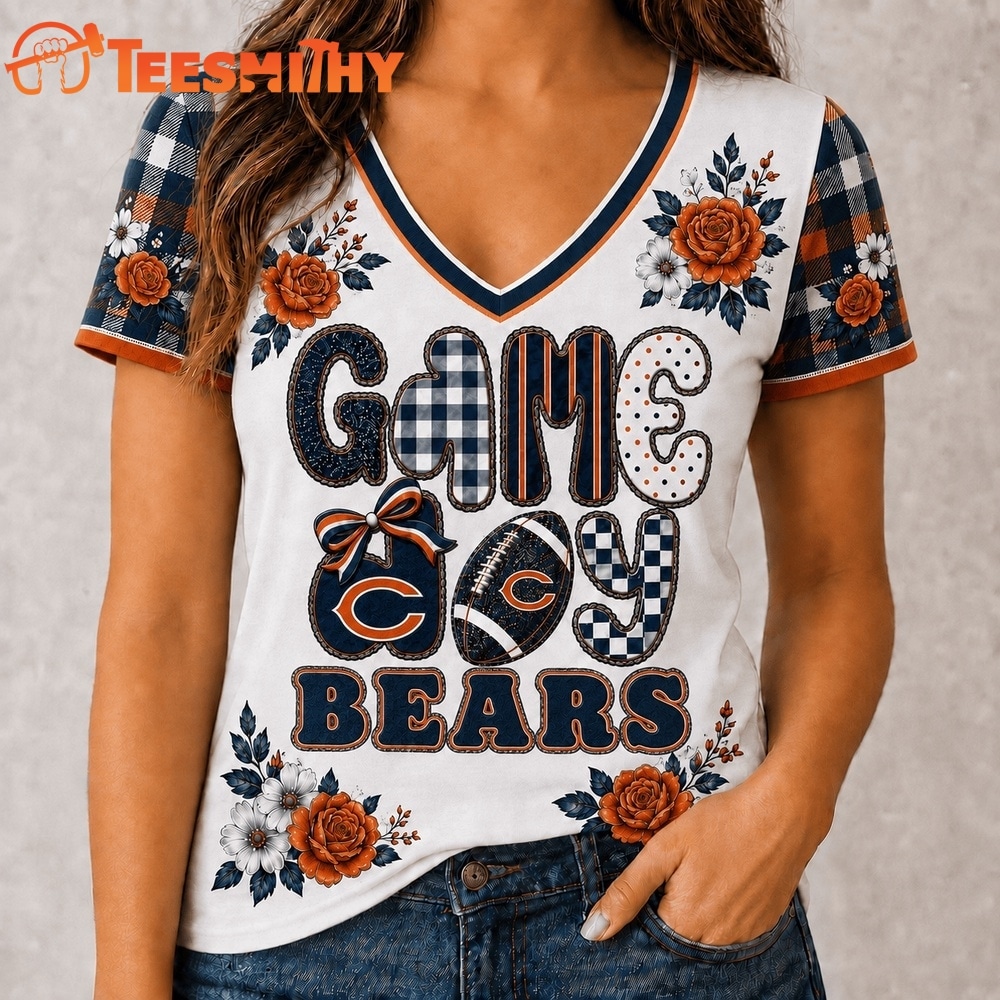 Chicago Bears NFL Football Flowers Team Pride V Neck T Shirt