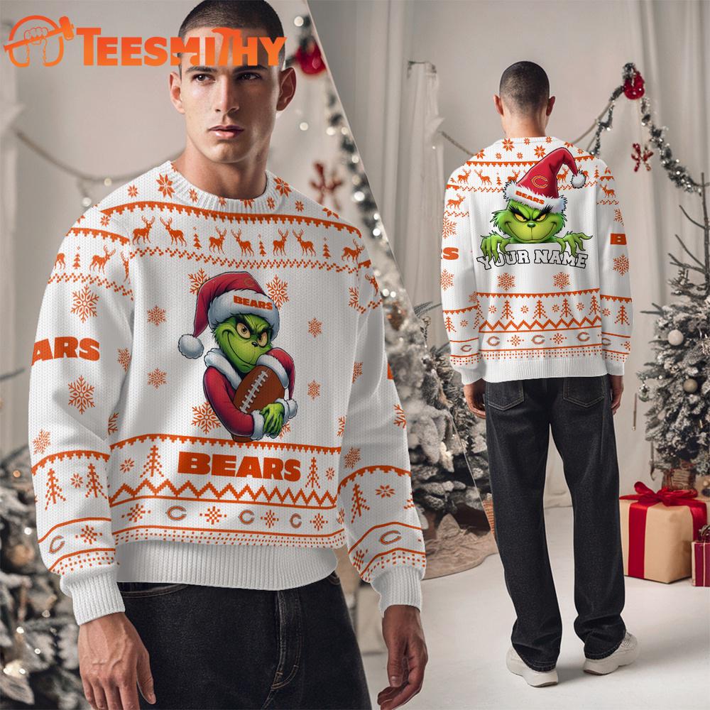 Chicago Bears NFL Grinch Santa Hats Ugly Christmas Sweater