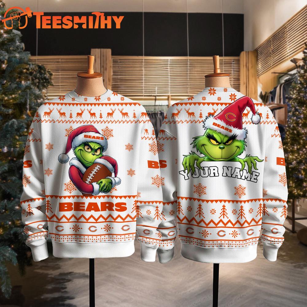 Chicago Bears NFL Grinch Santa Hats Ugly Christmas Sweater