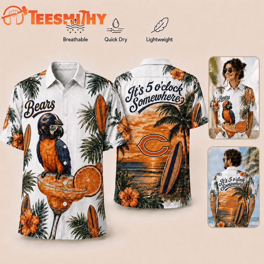 Chicago Bears NFL It's 5 O'clock Somewhere Button Up Tropical Parrot Hawaiian Shirt